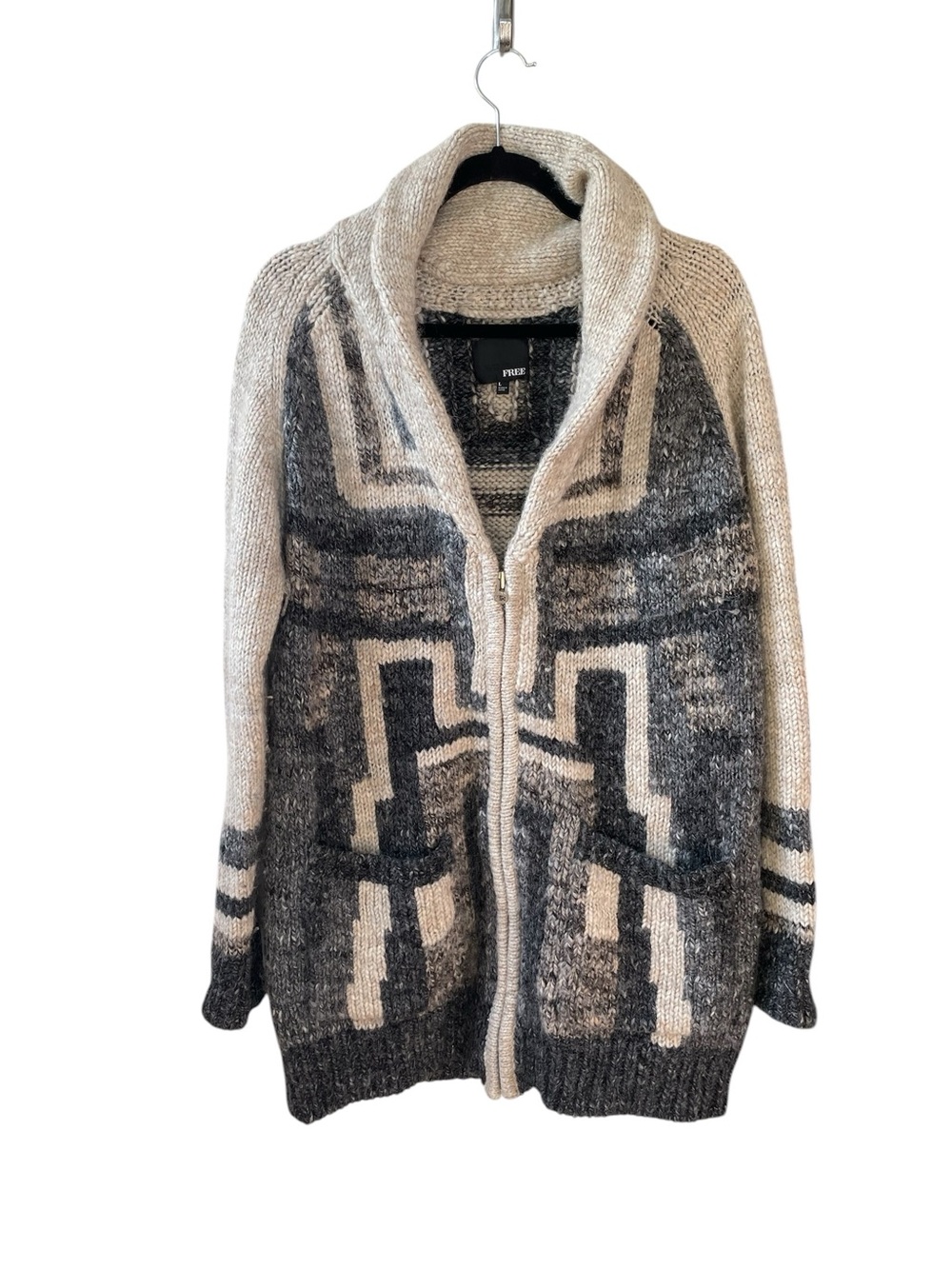 Aritzia Wilfred Free Wool Alpaca Neutral Geo-Pattern Wool Shawl Collar Cardigan